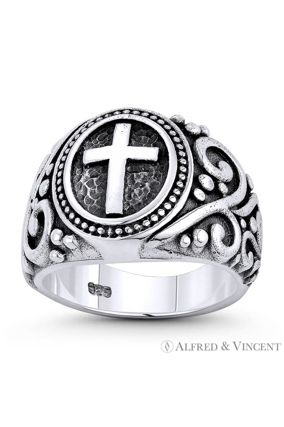 Cross & Filigree Christian Catholic Charm 5mm to 16mm Signet-Style Men's Ring in Oxidized .925 Sterling Silver
