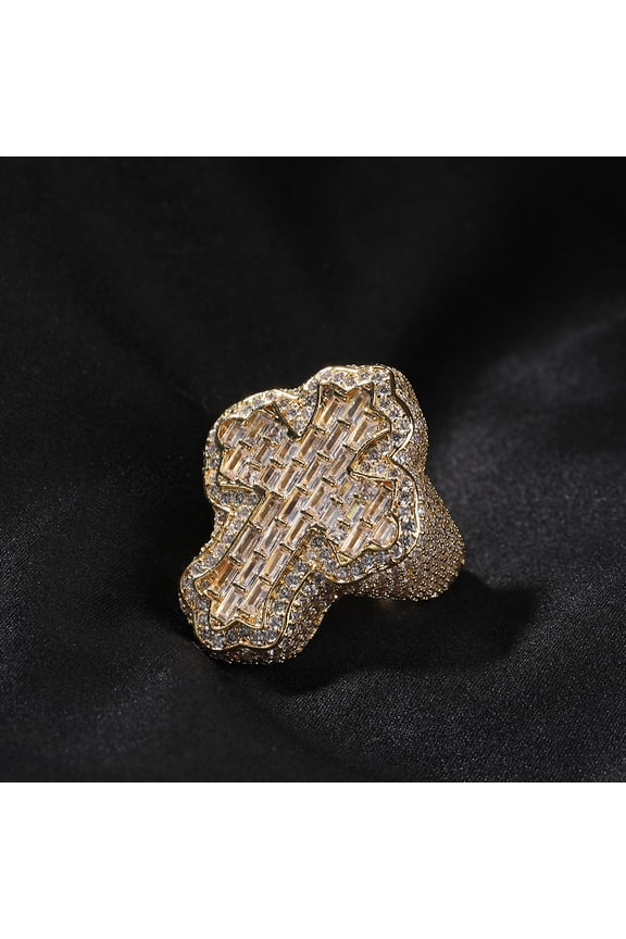Cross Finger 14K Yellow Gold Ring Iced Out AAAAA Zircon Prong Setting Fashion Luxulry Men Hip Hop Jewelry for Gift