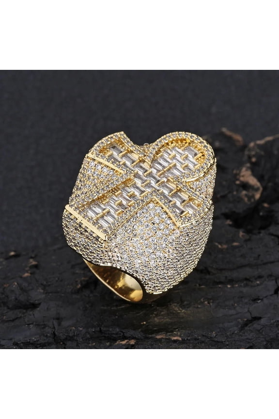 Cross Finger 14K Yellow Gold Ring Iced Out AAAAA Zircon Prong Setting Fashion Luxulry Men Hip Hop Jewelry for Gift
