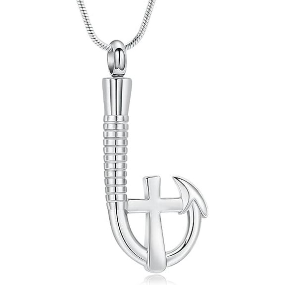 Cross Fish hook Urn Necklace for Ashes for Men Women Cremation Jewelry Pendant Fishing in Heaven Memorial Keepsake Ash Holder
