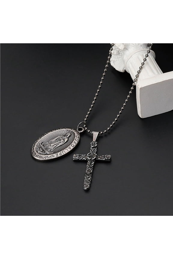Cross Flat Mariner Marina Crucifix Saint Mary Retro Medallion Necklace Women,Silver Color
