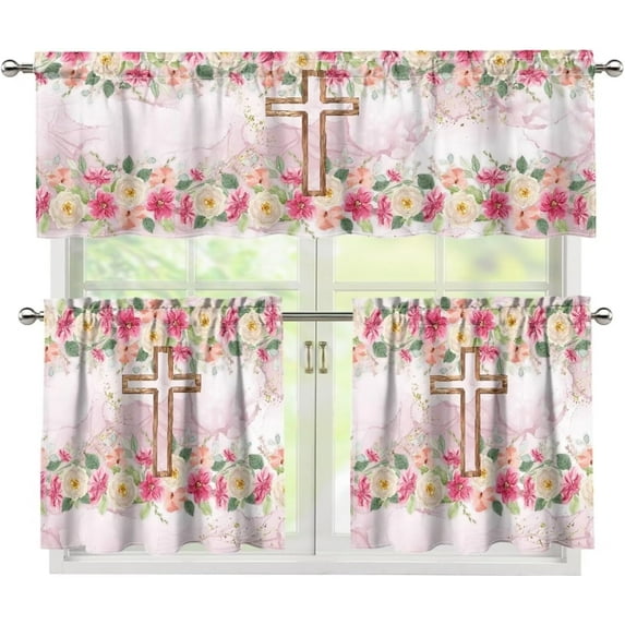 Cross Floral Kitchen Curtains, Decor for Home Valances for Windows,Kitchen Curtains and Valances Set Fall Decorations for Home Kitchen Window Curtains Over Sink Small Kitchen Curtains