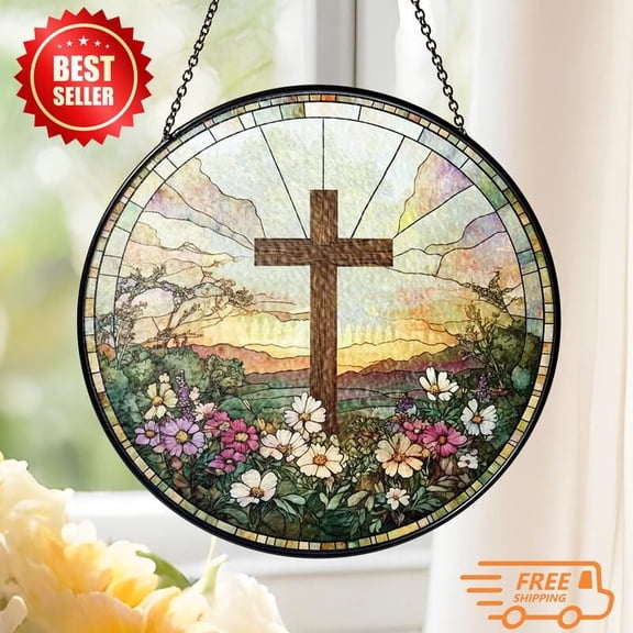 Cross Floral Suncatcher, Glass-Effect Round Christian Sunrise Panel
