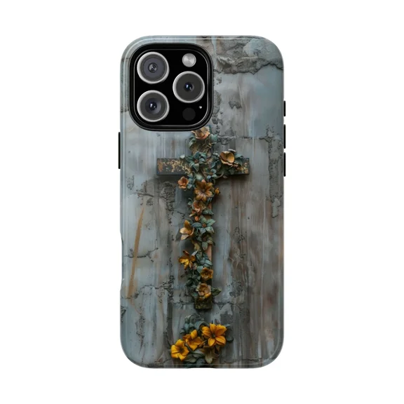 Cross Floral Vines Gray Minimal Design Case for iPhone 17 through 11 Pro Max