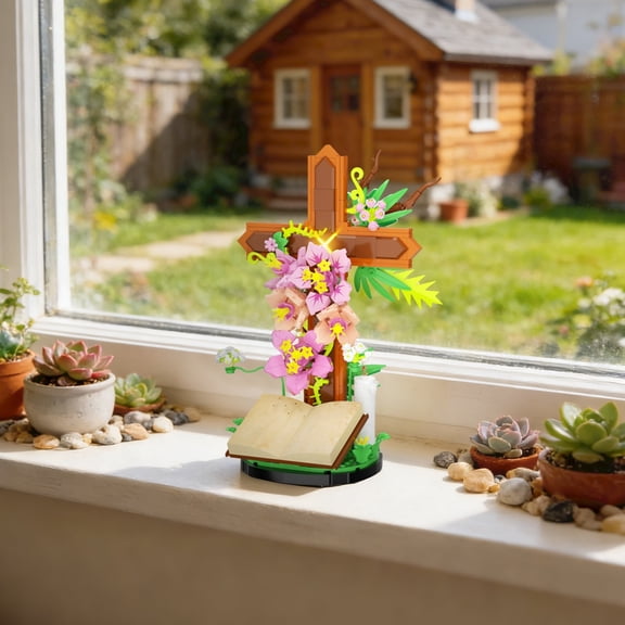 The Cross Flower Building Blocks Set - Religious Theme Bricks with Book & Floral Accents Collectibles, DIY Building Toys for Collectors & Decor Gifts (363PCS)
