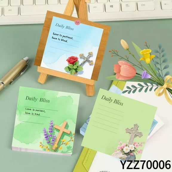 Cross and Flower Design Notepads 3.54x3.54" Avocado Message Cards -100 Pcs Sticky Notes + 100 Various Emoticon Stickers, Notepads for Creative Mini Cards for Home Office Decor