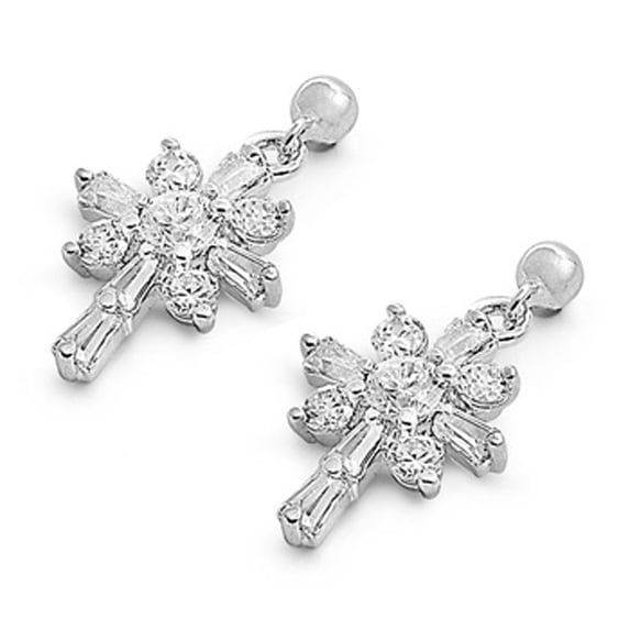 Cross Flower Earrings Clear Cubic Zirconia .925 Sterling Silver Jewelry Female Unisex