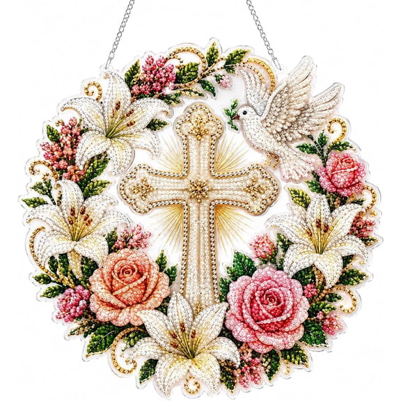 Cross, Flowers & Dove Diamond Art Hanging Ornament Kit, 5D Special Shape Diamond Painting Suncatcher, Double-Sided Acrylic Rhinestone DIY Craft for Adults, Christian Window Decor