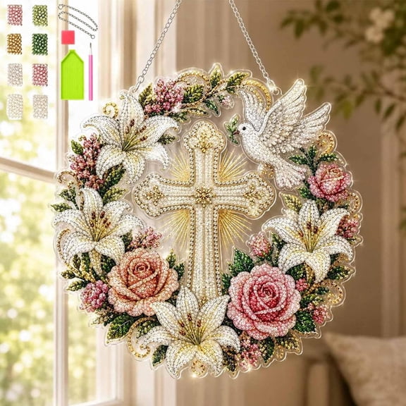 Cross, Flowers Dove Diamond Art Hanging Ornament Kit, Religious Suncatcher Window Hanging Decor, Christian Crystal Rhinestone Mosaic Craft Kit for Home Decor