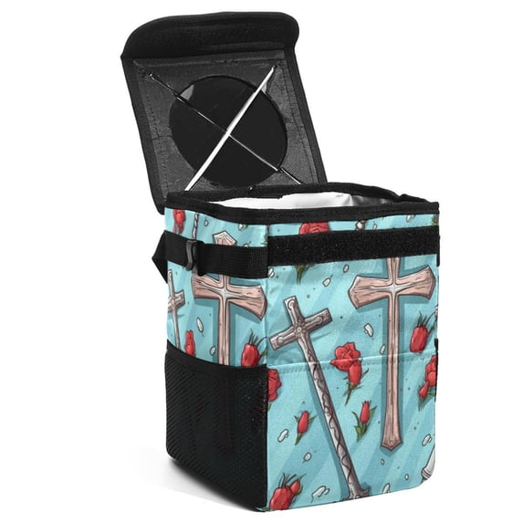 Cross Foldable Mini Trash Can for Car with Lid, Leak-Proof, and Hanging Storage Bag - Car Trash Can