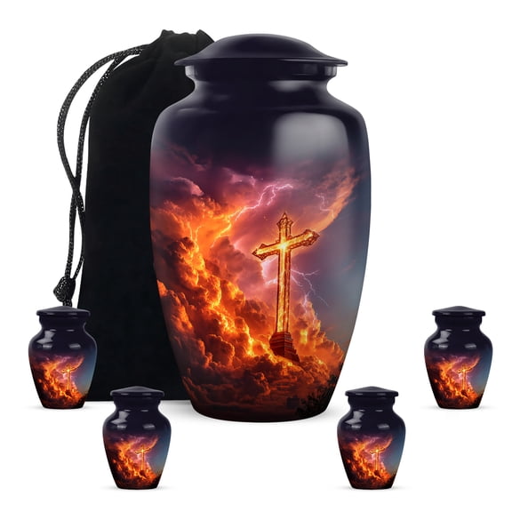 Cross Funeral Cremation Urns For Adult Ashes - 1 Large With 4 Keepsake Memorial Urns For Adult Male - Little Burial Urn For Human Ashes For Brother - black Urn For Mom & Dad (10 & 3 Inch)