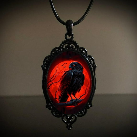 Cross Glass Pendant Necklace Gothic Vintage Dark Crow Mystic Witch Oval Necklace for Halloween Party