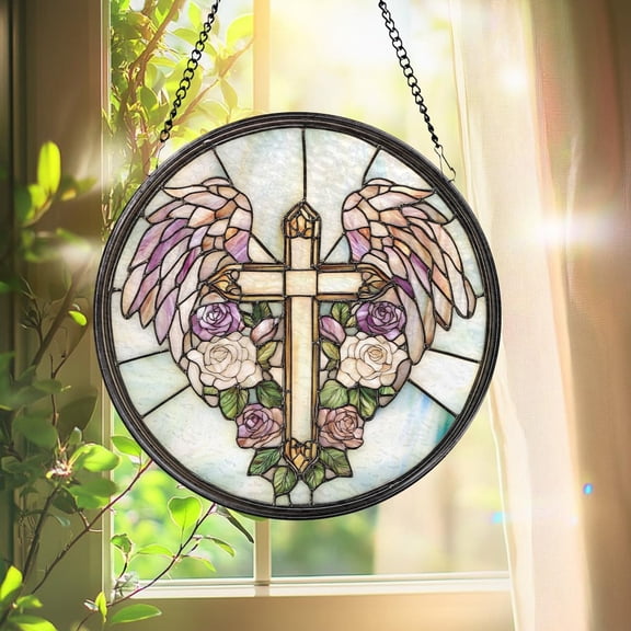 Cross Glass Suncatcher, Angel Wings Window Decor, 3.5 in