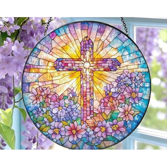 Cross Glass Suncatcher:Christian Glass Window Hanging, Religious Decor, Faith Gift, 6.3 in