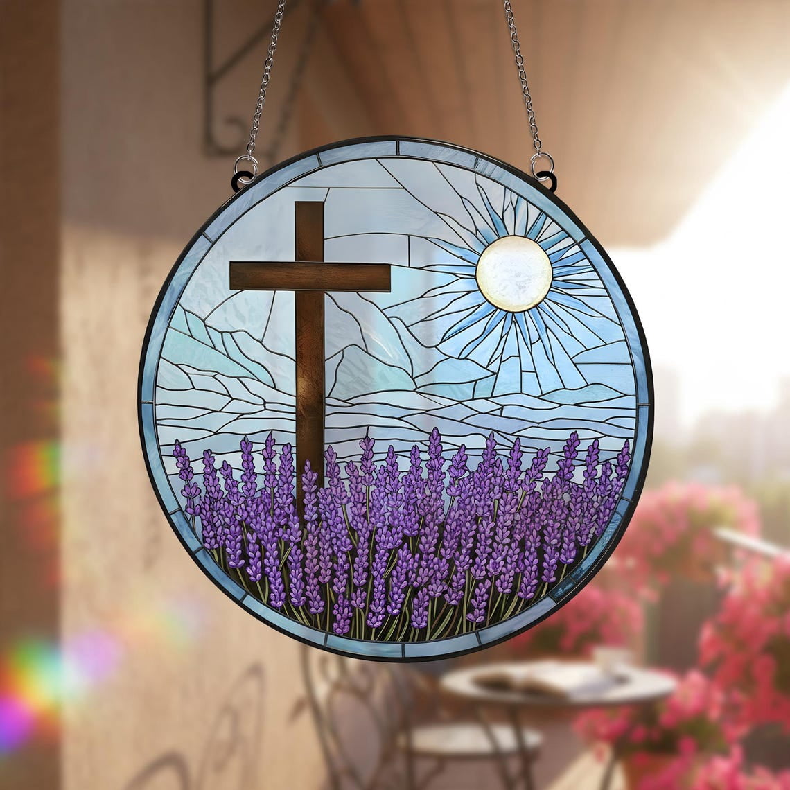 Cross Glass Suncatcher v11, Lavender Field Stained Glass, Christian ...