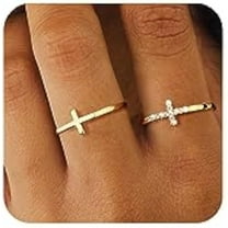 Cross Gold Rings for Women Non Tarnish, Dainty Trendy Stackable Ring Set 14k Gold Plated Thin Cz Cross Finger Rings for Women Non Tarnish Simple thumb Rings for Momen Gold Jewelry Size 6-9