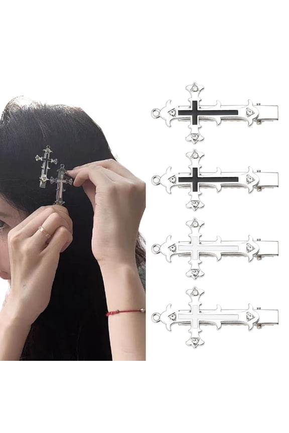 Cross Hair Clips Halloween Goth Hair Accessories for Women Girls Metal Y2K Gothic Cross Barrettes Hairpins Alligator Clips Set of 4 Cool Halloween Hair Decorations Vampire Costumes Accessory