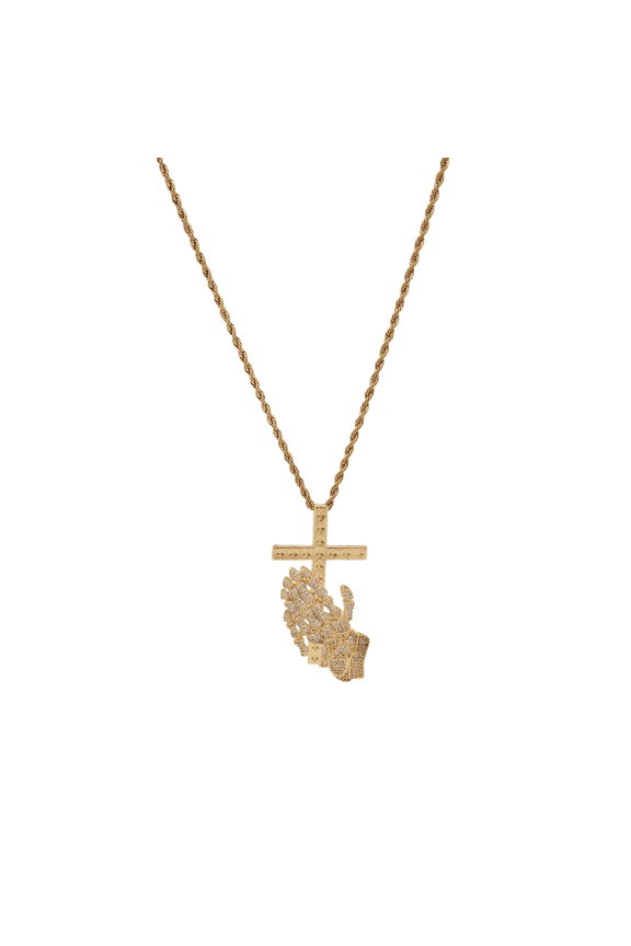 Cross Hand Pendant Necklace for Men Women, Gold Plated Copper Zircon Religious Jewelry, Hip Hop Church Chain Gift for Him Her, Christmas Birthday Present