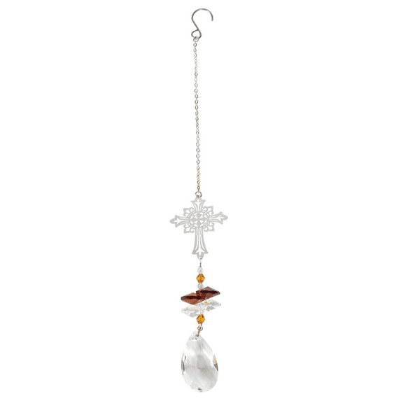 Cross Hanging Crystal Silver Tone 11 inch Dangling Metal and Glass Suncatcher