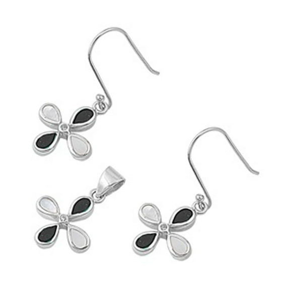 Cross Hanging Earrings Black Simulated Onyx Simulated Mother of Pearl .925 Sterling Silver Pendant Set Female