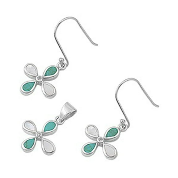 Cross Hanging Earrings Simulated Turquoise Simulated Mother of Pearl .925 Sterling Silver Pendant Set Female