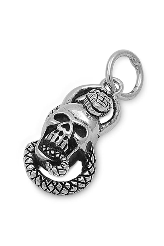 Cross Hatch Snake Oxidized Skull Pendant .925 Sterling Silver Biker Creepy Charm Jewelry Female