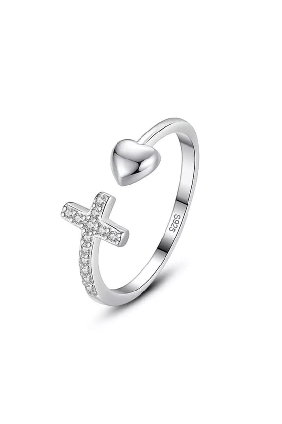 Cross Heart Love Open Adjustable Ring For Women 1.9 Ct Diamond 14K White Gold Over