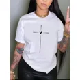 thumbnail image 1 of Cross & Heart Pattern Tops for Women Fashion Casual Pattern Tops Crew Neck Short Sleeve T-shirt White,L, 1 of 5