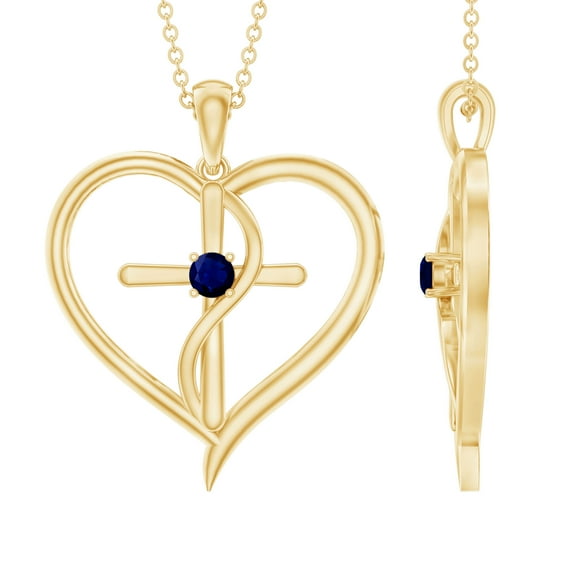 Rosec Jewels Natural Blue Sapphire Cross Heart Necklace for Women - AAA Quality - Ready to Gift for Christmas, 14K Yellow Gold