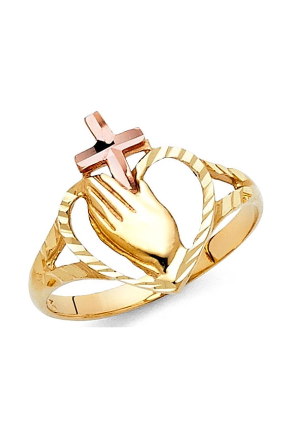 Cross Heart Praying Hands Ring 14k Yellow Rose Gold Religious Band Diamond Cut Two Tone 15MM, Size 7