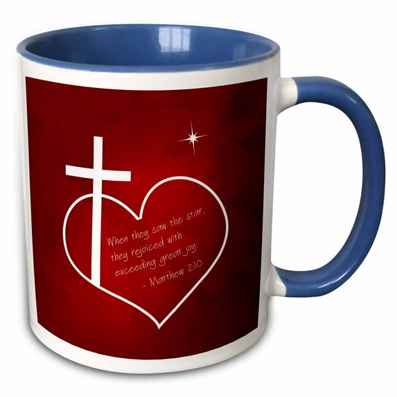3drose, Cross, Heart, Star, Bible Quote. Christian Christmas in Red, 15oz Two-tone Blue Mug