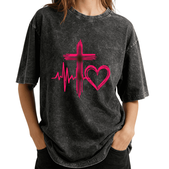 Cross Heartbeat Faith Graphic Wash Print Tshirt Graphic Tees Shirts Charcoal Relaxed Fit S-2XL Religious Tops