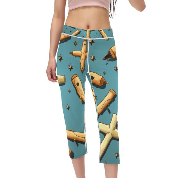 Cross High Waist Capris Compression Leggings for Women, Not See-Through Printed Gym Yoga Fitness Pants