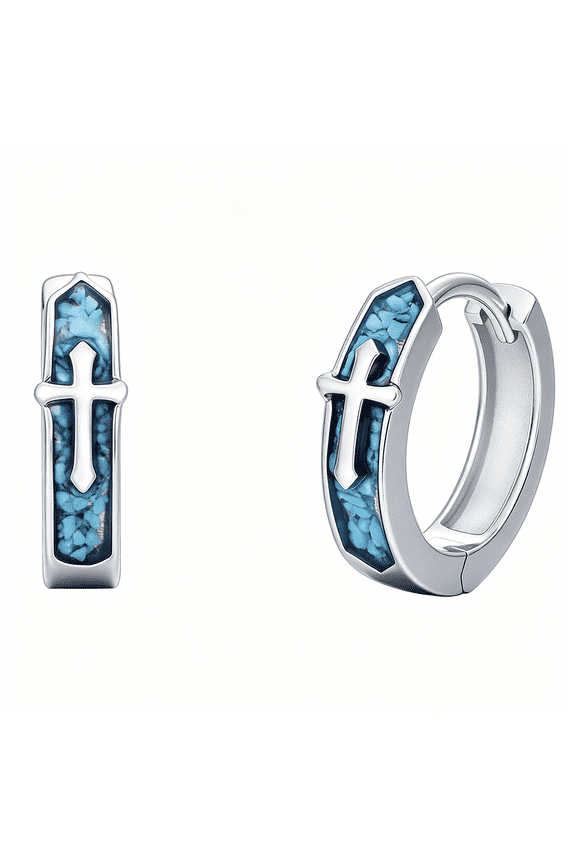 Cross Hoop Earrings for Men Women 925 Sterling Silver Turquoise Cross Hoop Earrings Religious Jewelry Christians Gifts
