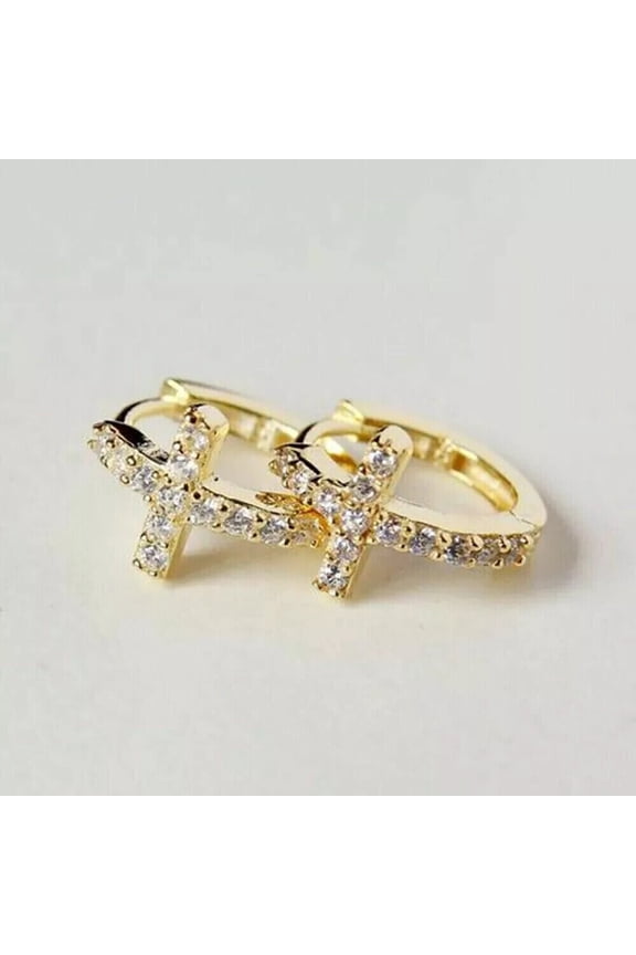 Cross Huggie 1.0Ct Round Cut Diamonds Hoop Women's Earrings 14K Yellow Gold Finish Silver