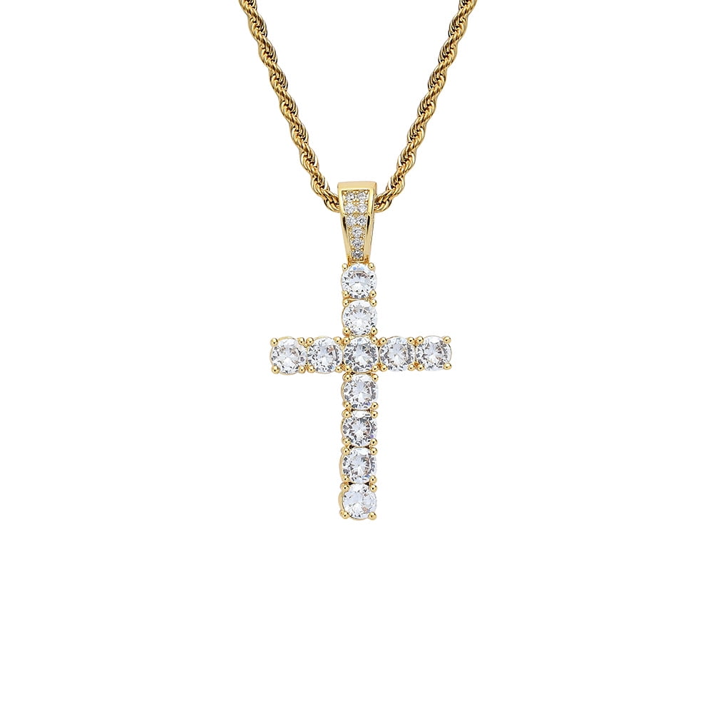 Cross Iced Out 14K Yellow Gold Pendant Necklace For Men Hip Hop ...