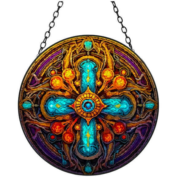 Cross Icon Stained Glass Suncatcher Window Hangings Colored Handmade Glass Suncatcher Crafts Kits for Indoor Garden Christmas Decoration 16x16cm(3)