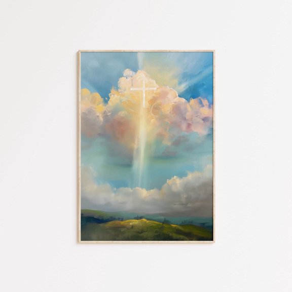 Cross In Heavenly Clouds Print, Christian Wall Art