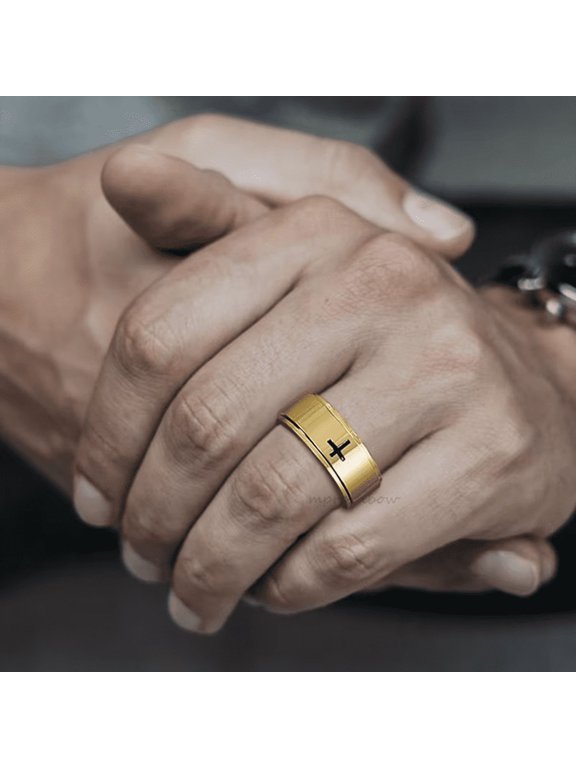 Cross Inlay Rotating Band Ring For Men Women 14K Gold Filled Serene Timeless Jewelry