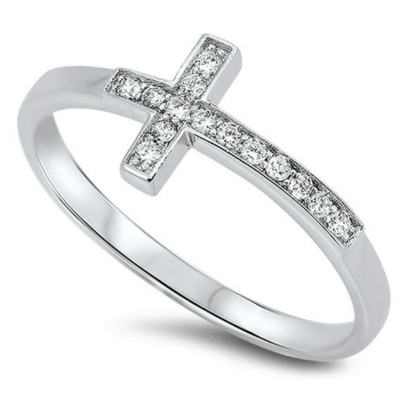 Cross Inlay White Cubic Zirconia Love Ring .925 Sterling Silver Band Jewelry Female Male Size 3