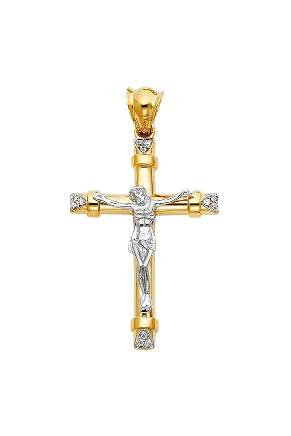 Cross Jesus Charm Solid 14k Yellow White Gold Crucifix Pendant CZ Religious Style Fancy 2 Tone 30 x 44 mm