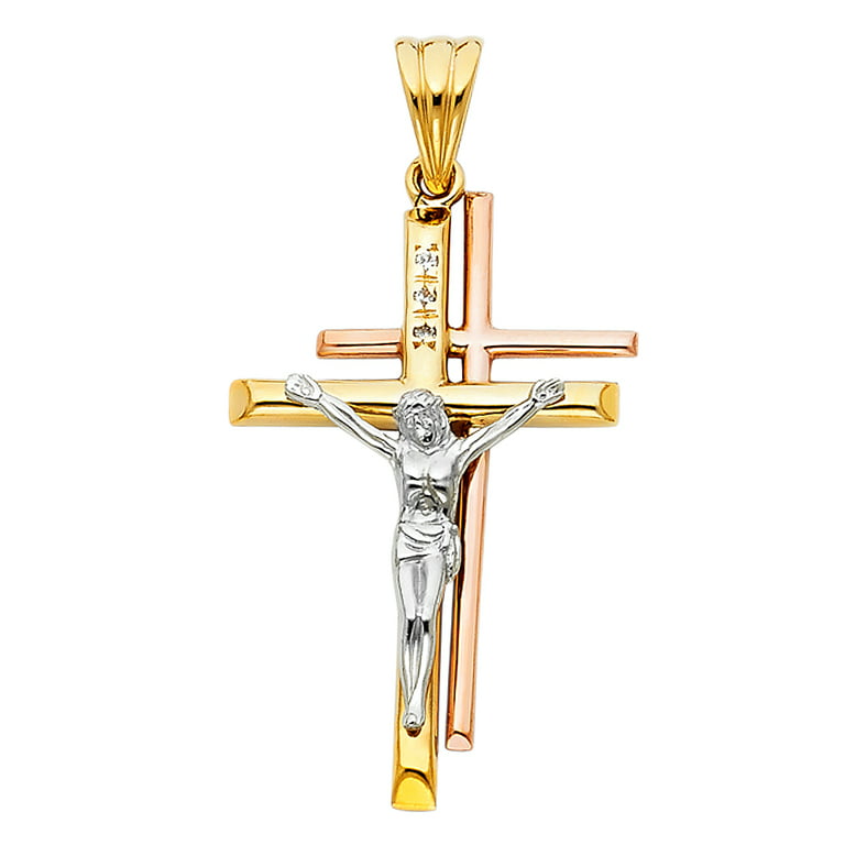 Cross Jesus Charm Solid 14k Yellow White Rose Gold Crucifix Pendant CZ  Double Cross Style Fancy 24 x 37 mm