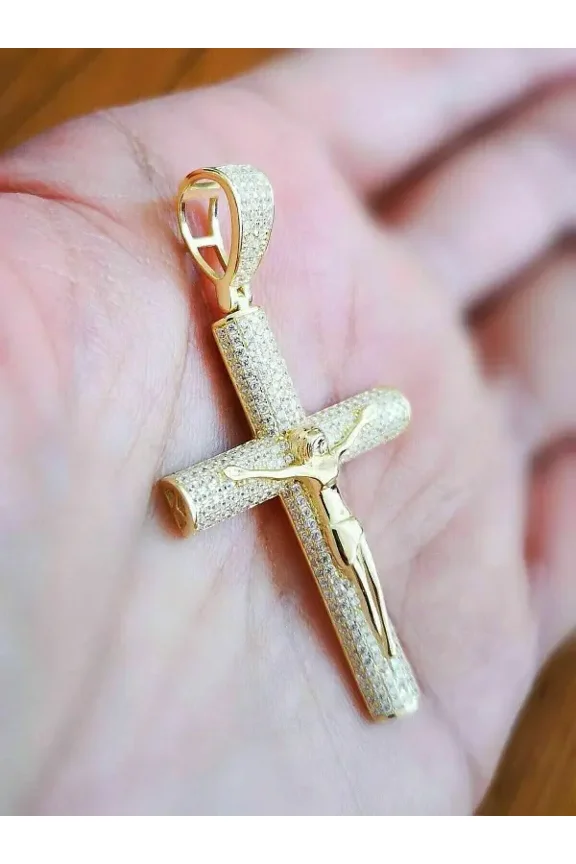 Cross Jesus Christ Pendant 14K Yellow Gold Finish Simulated Diamond Unisex Religious Charm Pendants Gift For All
