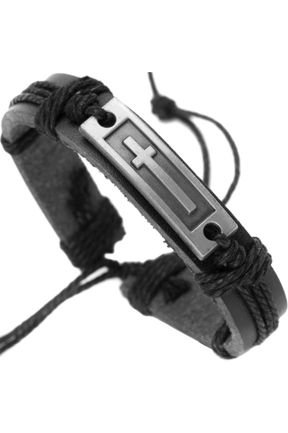 Cross Leather Bracelet for Men: Confirmation Gifts for Teenage Boy (Black Leather)