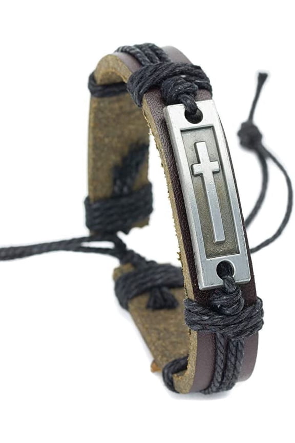 Cross Leather Bracelet for Men: Confirmation Gifts for Teenage Boy (Black Rope with Brown Band)