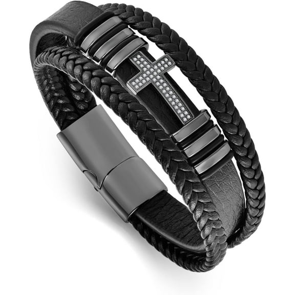 Cross Leather Bracelet for Men Women 316L Stainless Steel Christ Jesus Crucifix Handmade Bracelet