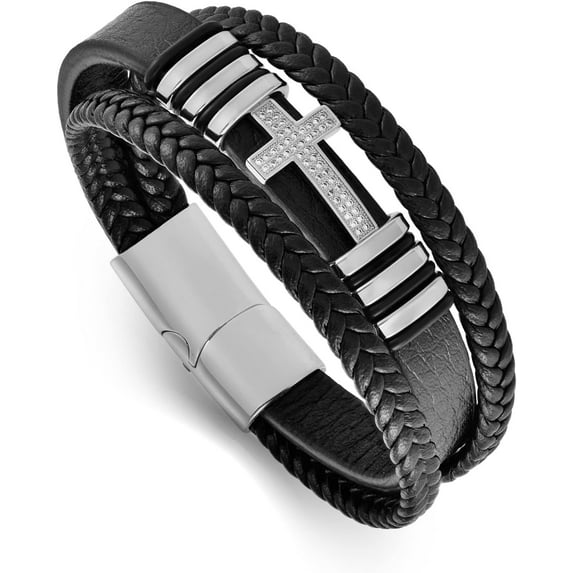 Cross Leather Bracelet for Men Women 316L Stainless Steel Christ Jesus Crucifix Handmade Bracelet