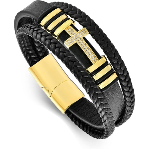 Cross Leather Bracelet for Men Women 316L Stainless Steel with 18K Gold Plated Christ Jesus Crucifix Handmade Bracelet,7.5/8/9 Inches