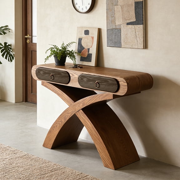 Cross Leg Console Table with Two Drawers, Ashwood Veneer Narrow Entryway Table, Easy Assembly 15-Minute Setup, 47.24 Inch Wide for Living Room Hallway