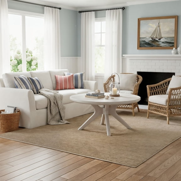 Cross Leg Round Coffee Table (36in x 36in / 910mm x 910mm), White Sand Wirebrush